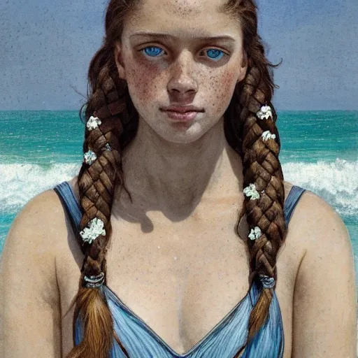 portrait of freckled scarred young woman with braided brown hair and blue eyes). Wearing blue swimming suit. beach Background) D&D setting, perfect composition, hyperrealistic, super detailed, 8k, high quality, trending art, trending on artstation, sharp focus, studio photo, intricate details, highly detailed, by greg rutkowski and alphonse mucha