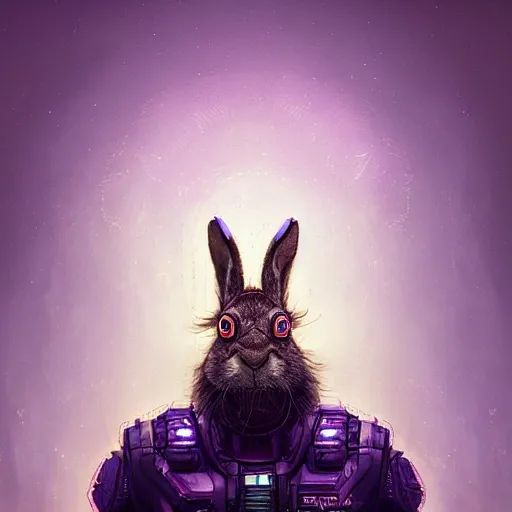 a beautiful portrait of a cute wise and understanding hare
 masculine cyberpunk by greg rutkowski and wlop, purple blue color scheme, high key lighting, digital art, highly detailed, fine details, intricate, ornate, complex