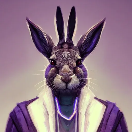 a beautiful portrait of a cute wise and understanding hare
 masculine cyberpunk by greg rutkowski and wlop, purple blue color scheme, high key lighting, digital art, highly detailed, fine details, intricate, ornate, complex