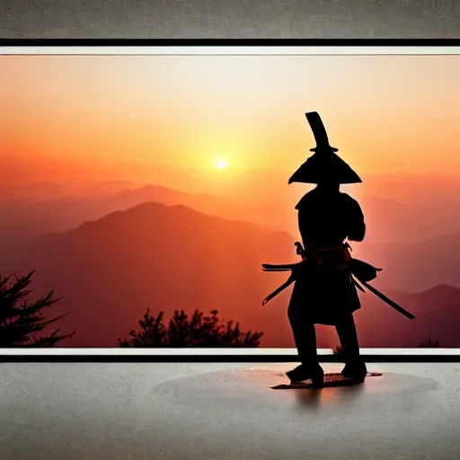 samurai on a montain on sunset