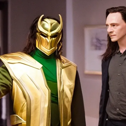 a clear portrait of stanley ipkiss holding the famous loki mask and milo is looking afraid at the mask, ultra hd
