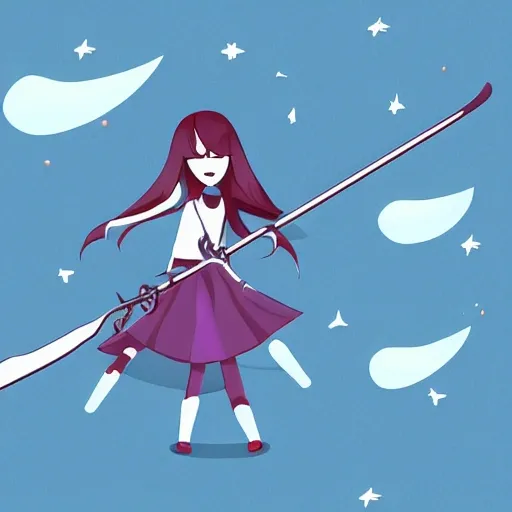 A slender girl, A sword in his hand, stars in the sky, Cartoon，Clear lines