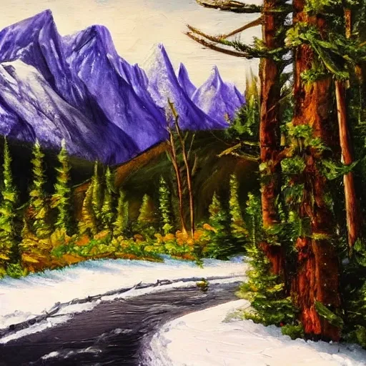 lush green forest with snowy mountains in background, Oil Painting