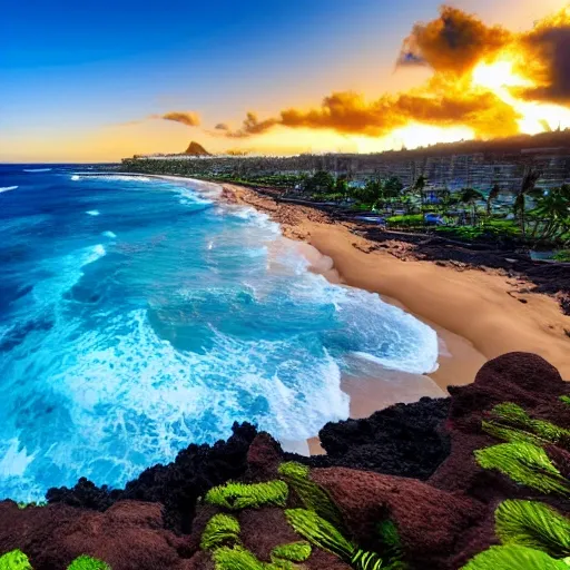 Authentic realistic blue ocean with golden sand beach view in Hawaii, Authentic realistic beautiful natural landscape, Magnificent super wide angle, high quality, 8k, high resolution, extreme detailed, hyper detailed, extreme detail, colorful
