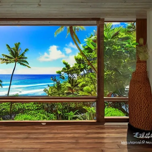 Authentic realistic blue ocean beach view home in Hawaii, Magnificent super wide angle, high quality, 8k, high resolution, extreme detailed, hyper detailed, extreme detail, colorful
