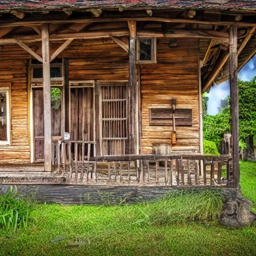 Authentic realistic old house with chair on porch in Hawaii, Magnificent super wide angle, high quality, 8k, high resolution, extreme detailed, hyper detailed, extreme detail, colorful
