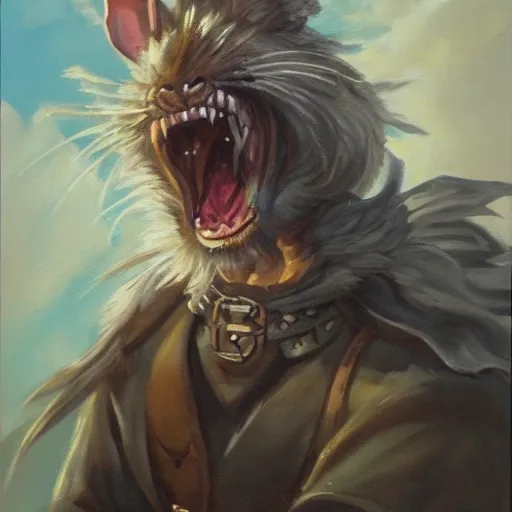 An oil painting of a dnd character who is angry and rat-like