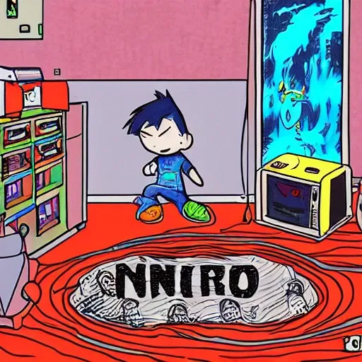 niño-gamer-habitacion-infierno-enfado, Cartoon, Trippy