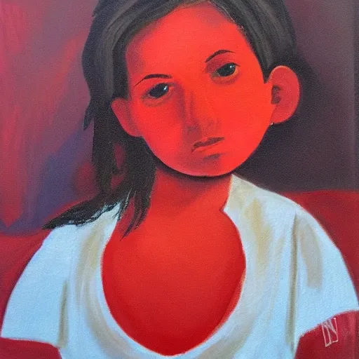 niña maltratada, con signos de violencia, pidiendo perdón, con blusa roja, en un cuarto oscuro y sucio, con una cama vieja y rota, Cartoon, Oil Painting