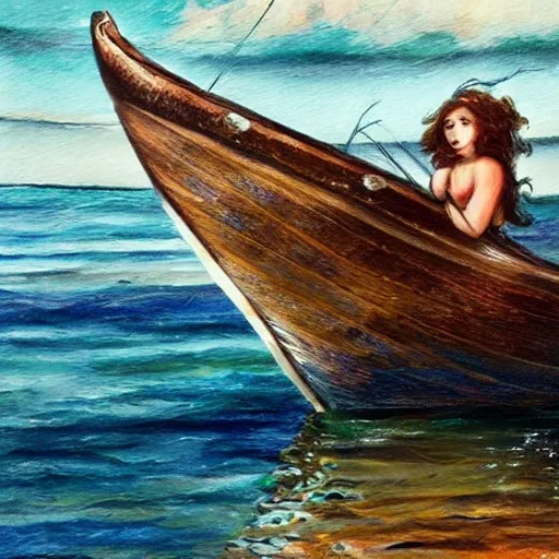 fisherman boat, fishing a curly hair mermaid