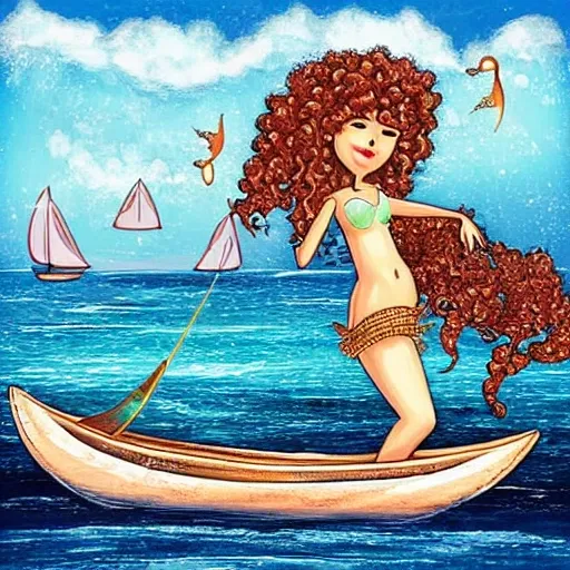 fisherman boat, fishing a curly hair mermaid