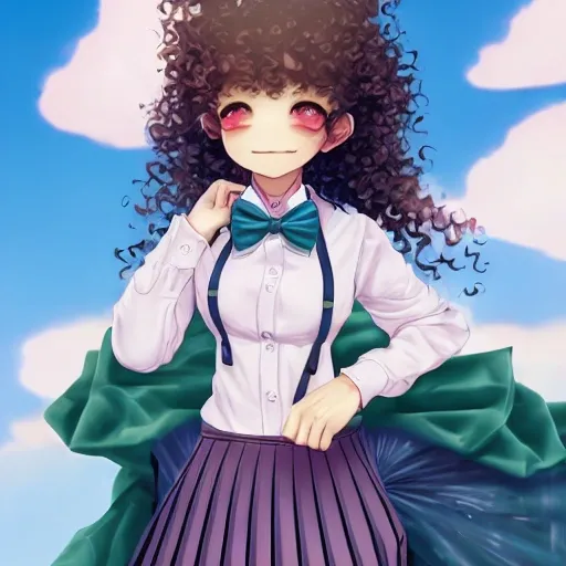 ultra-detailed, 1 girl,cute, solo,beautiful detailed sky,detailed cafe,night,sitting,dating,(nose blush),(smile:1.1),(opened mouth) medium breasts,beautiful detailed eyes,(collared shirt:1.1), bowtie,pleated skirt,(long hair),floating curly hair