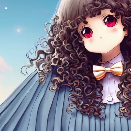 ultra-detailed, 1 girl,cute, solo,beautiful detailed sky,detailed cafe,night,sitting,dating,(nose blush),(smile:1.1),(opened mouth) medium breasts,beautiful detailed eyes,(collared shirt:1.1), bowtie,pleated skirt,(long hair),floating curly hair, 3D, 