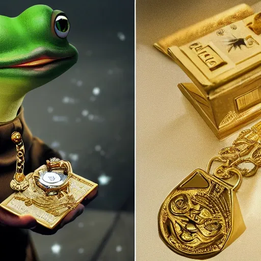 pepe the frog as the god emperor of mankind holding the diamond in both hands, greedy, night- key lighting, soft lights, foggy, 8 k render, gold chain, pile of gold, golden coins, diamonds, golden and space silver, immense detail