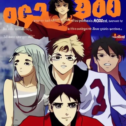 he makes the cover of a story where the protagonists are 3 teenagers, of the Latin race, 2 men, a woman, one of them in a school uniform, the other dressed in a sports style, and another athlete who face a sinister cult, in style anime, Cartoon