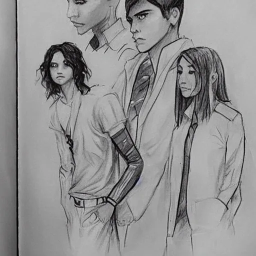 he makes the cover of a story where the protagonists are 3 teenagers, of the Latin race, 2 men, a woman, one of them in a school uniform, the other dressed in a sports style, and another athlete who face a sinister cult, in style  Pencil Sketch