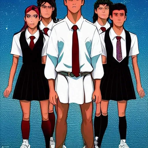 he makes the cover of a story where the protagonists are 3 teenagers, of the Latin race, 2 men, a woman, one of them in a school uniform, the other dressed in a sports style, and another athlete who face a sinister cult, in style  3d