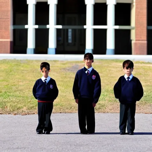 three little kids, dressed in school uniforms, standing in front of a private school, with a shadow stalking them, Pixar style,