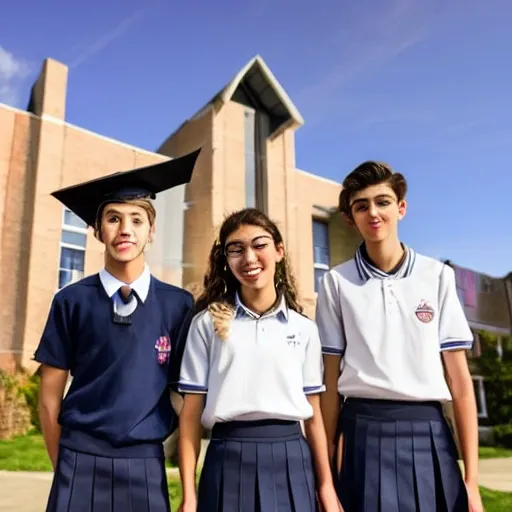 three teenagers, with defined features, expressive eyes, cheerful smile, dressed in school uniform, standing in front of a private school, with a shadow looming over them, tim burton style,