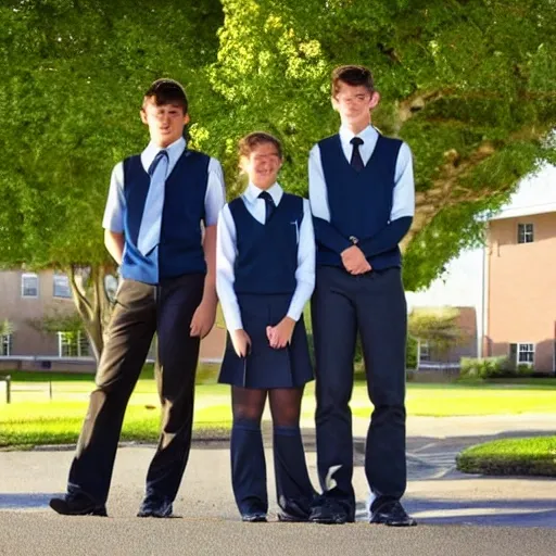 three teenagers, with defined features, expressive eyes, cheerful smile, dressed in school uniform, standing in front of a private school, with a shadow looming over them,  style, , 3D