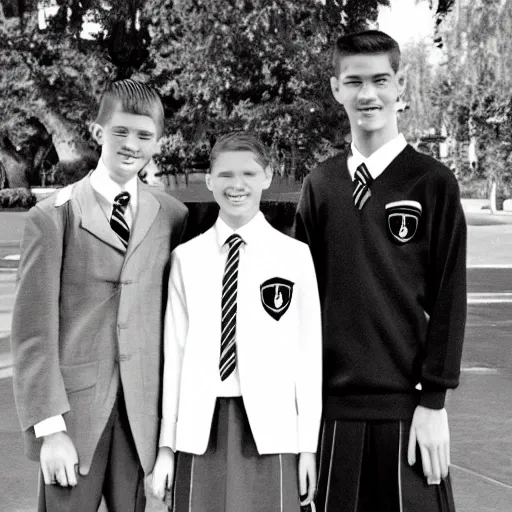 three teenagers, with defined features, expressive eyes, cheerful smile, dressed in school uniform, standing in front of a private school, with a shadow looming over them,  style, disney