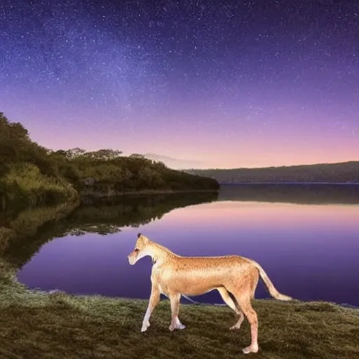 hiper real imagen de un lago durante la noche en el que hay bebiendo dos leones y dos cebras. La luna ilumina la escena y refleja los animales bebiendo
