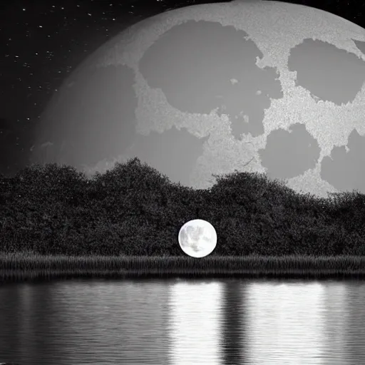 hiper real imagen de un lago durante la noche. Hay dos leones y dos cebras bebiendo. La luna ilumina la escena y refleja los animales bebiendo. La escena es en blanco y negro

