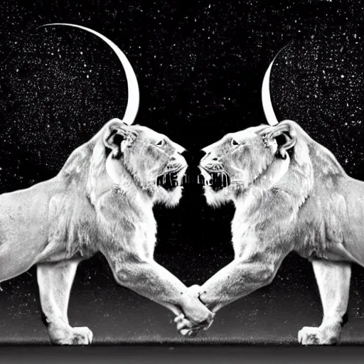 
Hay dos leones y dos cebras bebiendo. 
La luna ilumina la escena y refleja los animales bebiendo. 
La escena es en blanco y negro
La imagen es hiper-realista
