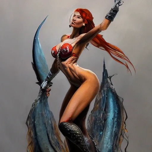 portrait full body female latin mermaid with slim curvy body painting by gaston bussiere, greg rutkowski, yoji shinkawa, yoshitaka amano, tsutomu nihei, donato giancola, tim hildebrandt, oil on canvas, trending on artstation, featured on pixiv, cinematic composition, extreme detail, metahuman creator, (best quality:1.4), ((masterpiece)),((realistic)), (detailed), Negative prompt: paintings, sketches, (worst quality:2.0),(normal quality:2.0), (low quality:2.0), lowres, ((monochrome)), ((grayscale))(monochrome:1.1), (shota:1.5), ((disfigured)), ((bad art)),((NSFW)), bad-hands-5, Steps: 20, Sampler: DDIM, CFG scale: 7, Seed: 4141018083, Size: 512x768, Model hash: 32c4949218, Model: V08_V08, Denoising strength: 0.5, ENSD: 31337, Hires upscale: 2, Hires steps: 20, Hires upscaler: 4x-UltraSharp, curly red hair