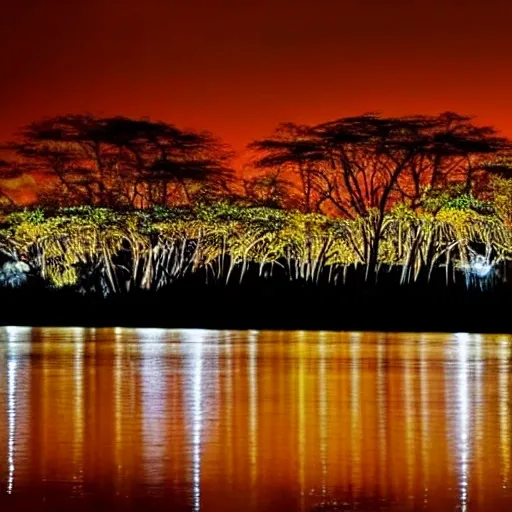 
hiper real imagen de un lago durante la noche, dos leones beben, dos cebras beben, se reflejan en el lago, luna ilumina la escena, imagen en grises
