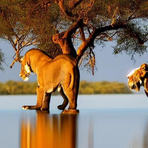 dos leones beben, dos cebras beben, se reflejan en el lago, luna ilumina la escena, art  by Burrard-Lucas, es de noche 
