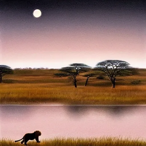 hyper-realistic landscape during the night in Africa, there is a lake, there are two lions drinking water, they are reflexed by the light of a bright and big moon, art by Burrard-Lucas, 