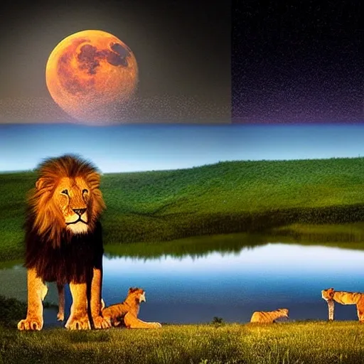 hyper-realistic photo recreation of a landscape during the night in Africa, there is a lake, and there are two lions drinking water, and they are reflexed by the light of a bright and big moon, captured by a beetle camera like the art by Burrard-Lucas, 