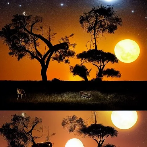 it is night, hyper-realistic photo recreation of a landscape during the night in Africa, there is a lake, and there are two lions drinking water, and they are reflexed by the light of the full moon, captured by a beetle camera-like the art by Burrard-Lucas, 