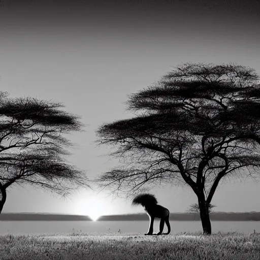 it is night, hyper-realistic photo recreation of a landscape during the night in Africa, there is a big lake, and there are two lions drinking water of the lake, lions are reflexed by the light of the full moon, captured by a beetle camera, art by Burrard-Lucas, the image is in black and white
