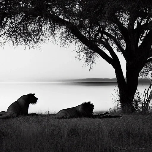 it is night, hyper-realistic photo recreation of a landscape during the night in Africa, there is a big lake,  two lions drinking water from the lake, lions are reflexed by the light of the full moon, captured by a beetle camera, art by Burrard-Lucas, the image is in black and white
