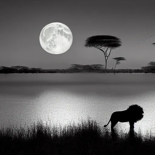 it is night, hyper-realistic photo recreation of a landscape during the night in Africa, there is a big lake,  two lions drinking water from the lake, lions are reflected in the water, full moon, captured by a beetle camera, art by Burrard-Lucas, the image is in black and white
