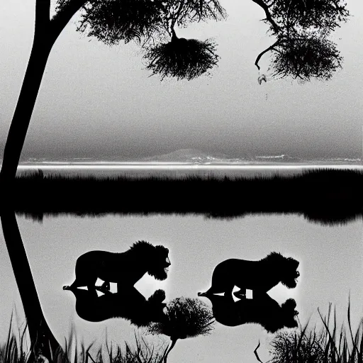 it is night, hyper-realistic photo recreation of a landscape during the night in Africa, there is a big lake,  the lake is like a mirror, two lions drinking water from the lake, lions are reflected in the water, full moon, captured by a beetle camera, art by Burrard-Lucas, the image is in black and white
