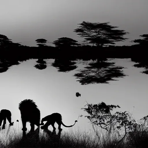 it is night, hyper-realistic photo recreation of a landscape during the night in Africa, there is a big lake,  the lake is like a mirror, two lions drinking water from the lake, lions are reflected in the water, full moon, art by Burrard-Lucas, the image is in black and white, the lions are looking to the photographer while drinking
