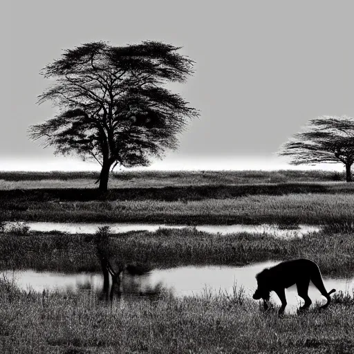 it is night, hyper-realistic photo recreation of a landscape during the night in Africa, there is a big lake,  two lions drinking water from the lake, lions are reflected in the water, full moon, captured by a beetle camera, art by Burrard-Lucas, the image is in black and white, you can see the face of the lions
