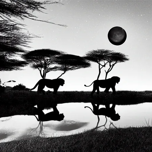 it is night, hyper-realistic photo recreation of a landscape during the night in Africa, there is a big lake,  two lions drinking water from the lake, lions are reflected in the water, full moon, captured by a beetle camera, art by Burrard-Lucas, the image is in black and white, lions are looking to you