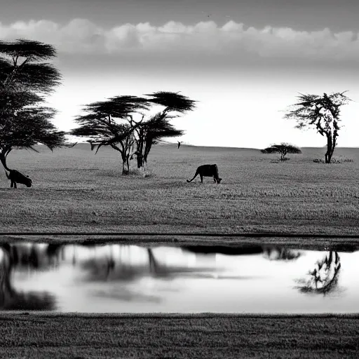 it is night, hyper-realistic photo recreation of a landscape during the night in Africa, there is a big lake,  two lions drinking water from the lake, lions are reflected in the water, full moon, art by Burrard-Lucas, the image is in black and white, lions are looking to you, art by Nick Brandt, Nick Brandt.  Will Burrard-Lucas, Greg du Toit, Paul Goldstein, Michael Poliza