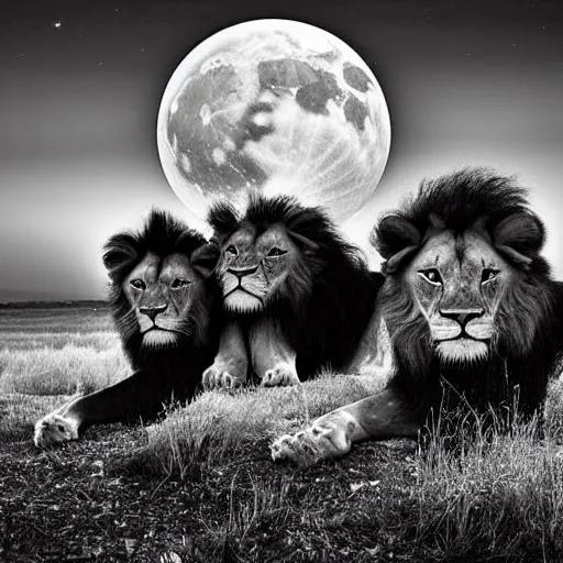 it is night, hyper-realistic photo recreation of a landscape during the night in Africa, there is a big lake,  two lions drinking water from the lake, lions are reflected in the water, full moon, the image is in black and white, lions are looking to you, art by Nick Brandt, Nick Brandt.  Will Burrard-Lucas, Greg du Toit, Paul Goldstein, Michael Poliza