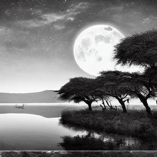 it is night, hyper-realistic photo recreation of a landscape during the night in Africa, there is a big lake,  two lions drinking water from the lake, lions are reflected in the water, full moon, the image is in black and white, and lions are looking to you, art by Nick Brandt, Will Burrard-Lucas, Greg du Toit, Paul Goldstein, Michael Poliza, lions are drinking in the lake
