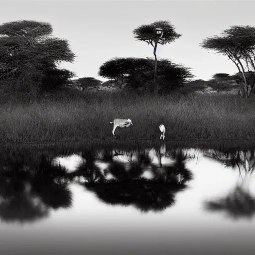 it is night, hyper-realistic photo recreation of a landscape during the night in Africa, there is a big lake,  two lions drinking water from the lake, lions are reflected in the water, full moon, the image is in black and white, and lions are looking to you, art by Nick Brandt, 