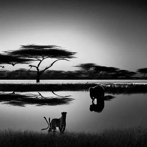 it is night, hyper-realistic photo recreation of a landscape during the night in Africa, there is a big lake,  two lions drinking water from the lake, lions are reflected in the water, full moon, the image is in black and white, and lions are looking to you, art by Nick Brandt, Will Burrard-Lucas, 
