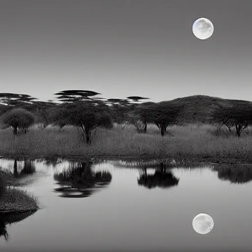 it is night, a hyper-realistic photo of a landscape during the night in Africa, there is a big lake,  two lions drinking water from the lake, lions are reflected in the water, full moon, the image is in black and white, and lions are looking to you, art by Nick Brandt, 