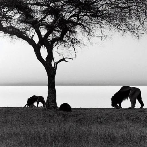 it is night, hyper-realistic photo recreation of a landscape during the night in Africa, there is a big lake,  two lions drinking water from the lake, lions are reflected in the water, full moon, the image is in black and white, and lions are looking to you, art by Nick Brandt, Will Burrard-Lucas, 
