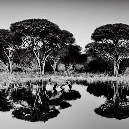 it is night, hyper-realistic photo recreation of a landscape during the night in Africa, there is a big lake,  two lions drinking water from the lake, lions are reflected in the water, full moon, the image is in black and white, and lions are looking to you, art by Will Burrard-Lucas, 
