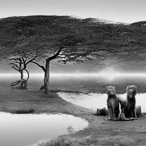 it is night, a hyper-realistic photo of a landscape during the night in Africa, there is a big lake,  two lions drinking water from the lake, lions are reflected in the water, full moon, the image is in black and white, and lions are looking to you, art by Nick Brandt

